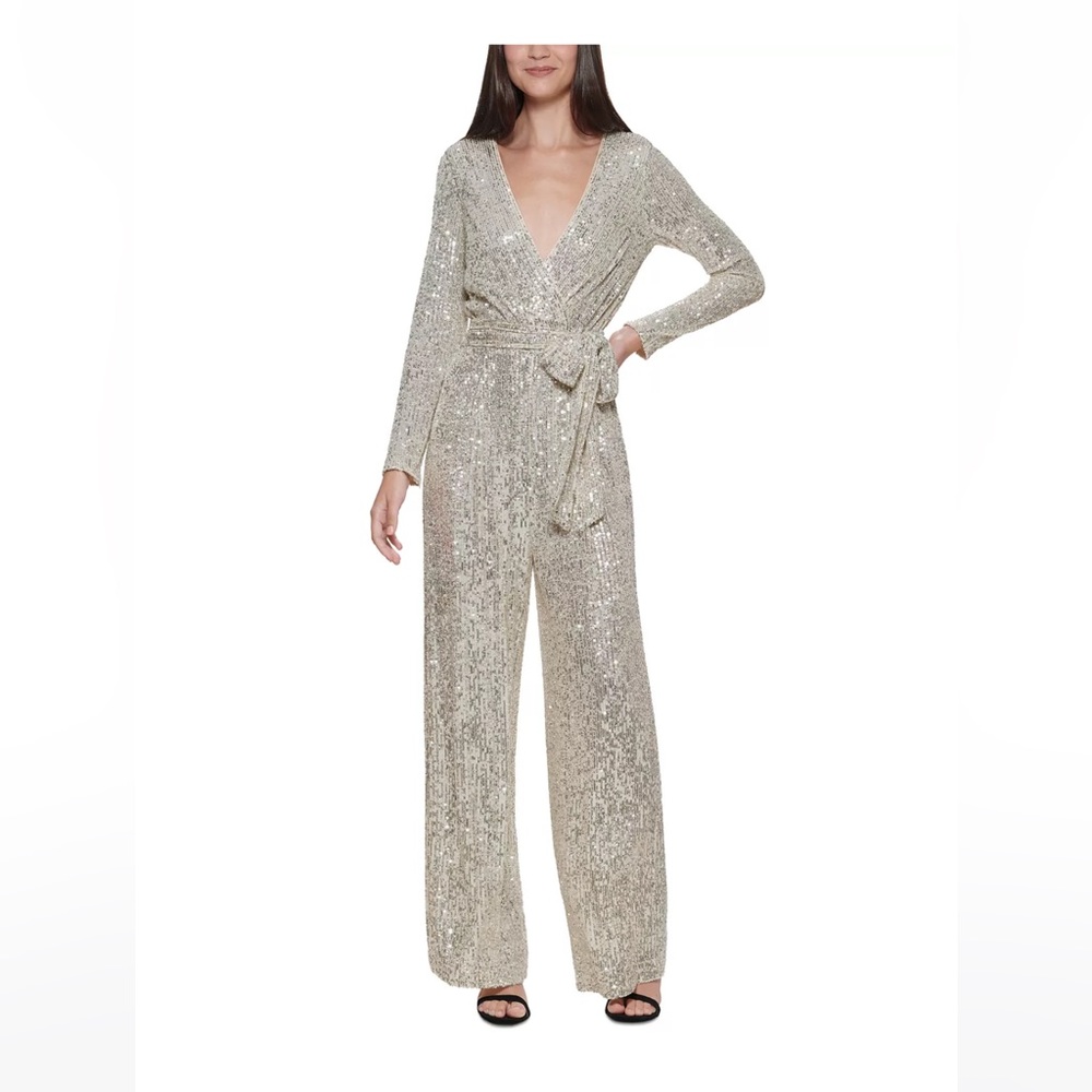 Eliza J Sequin Faux Wrap Long Sleeve Surplice V-Neck Tie Waist Jumpsuit